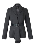 Worsted Wool Blend Women Blazer With Fringe Scarf And Belt GOELIA