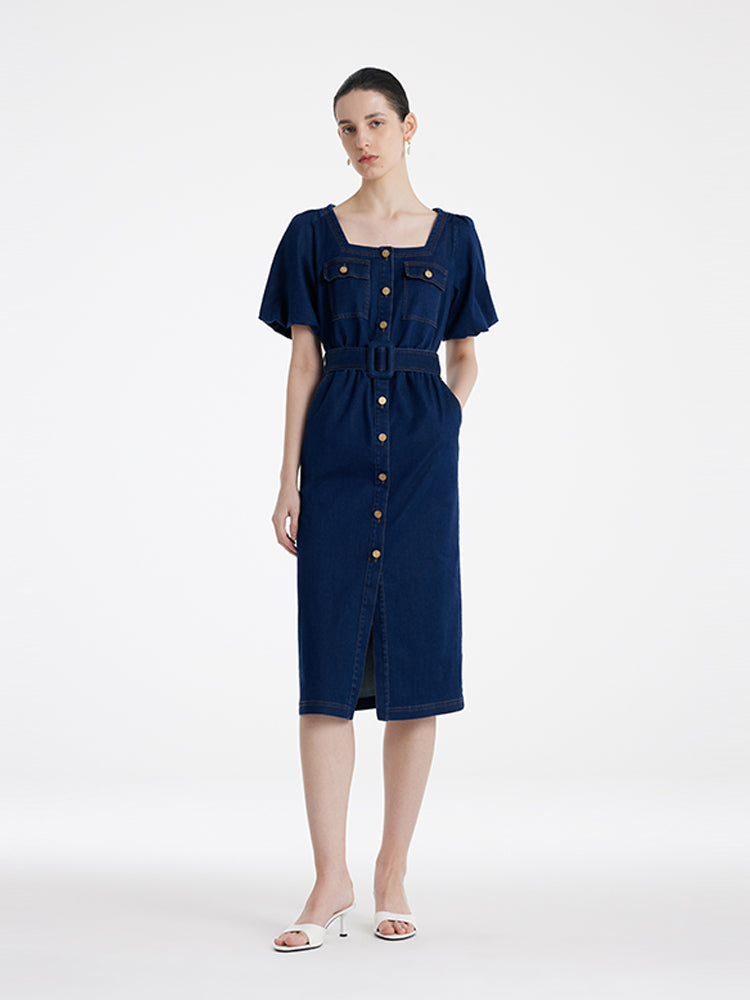 Puff Sleeves Square Neck Denim Women Midi Dress With Belt GOELIA