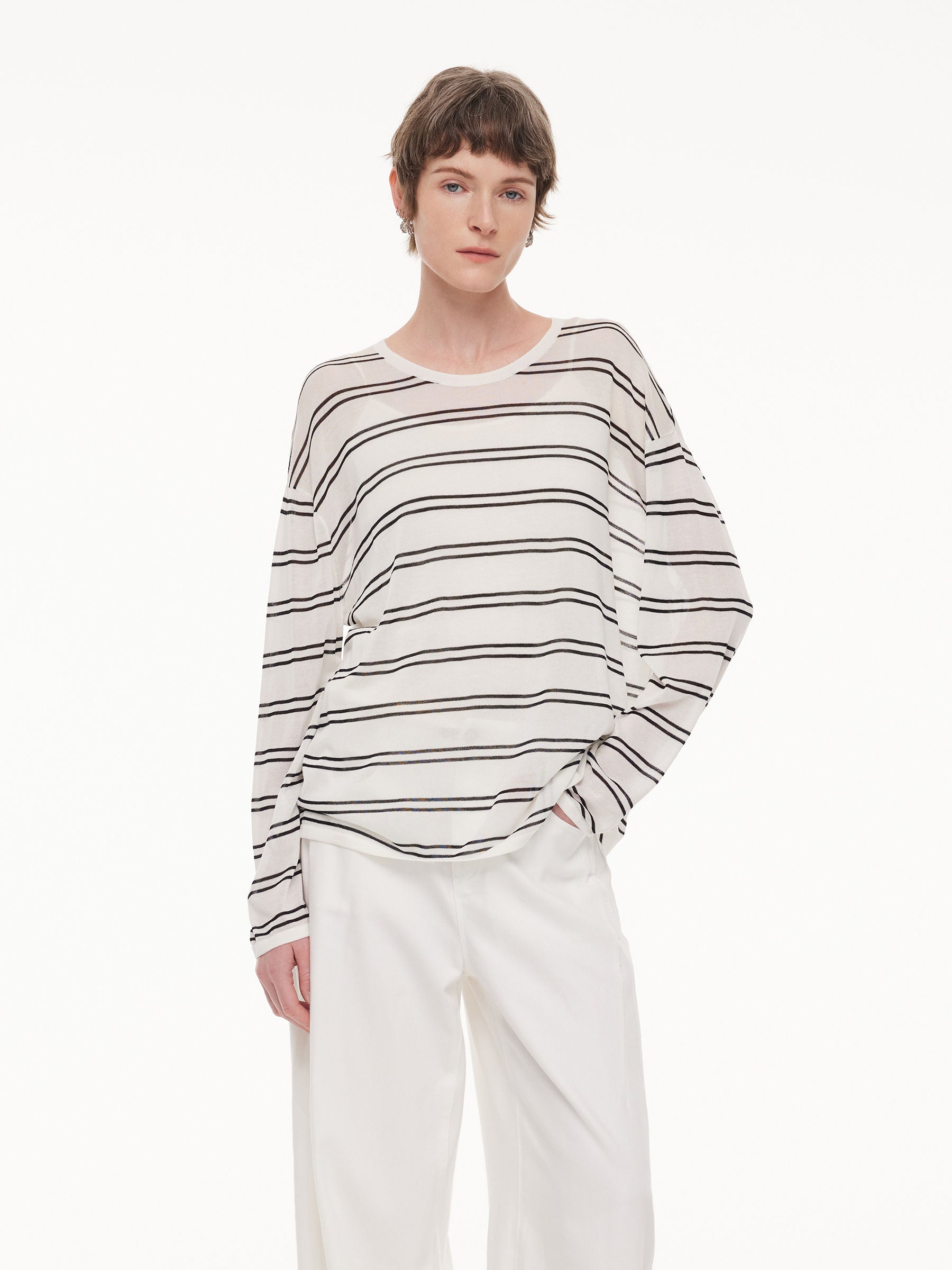 Lyocell Mulberry Silk Blend Stripe Women Knit Top GOELIA