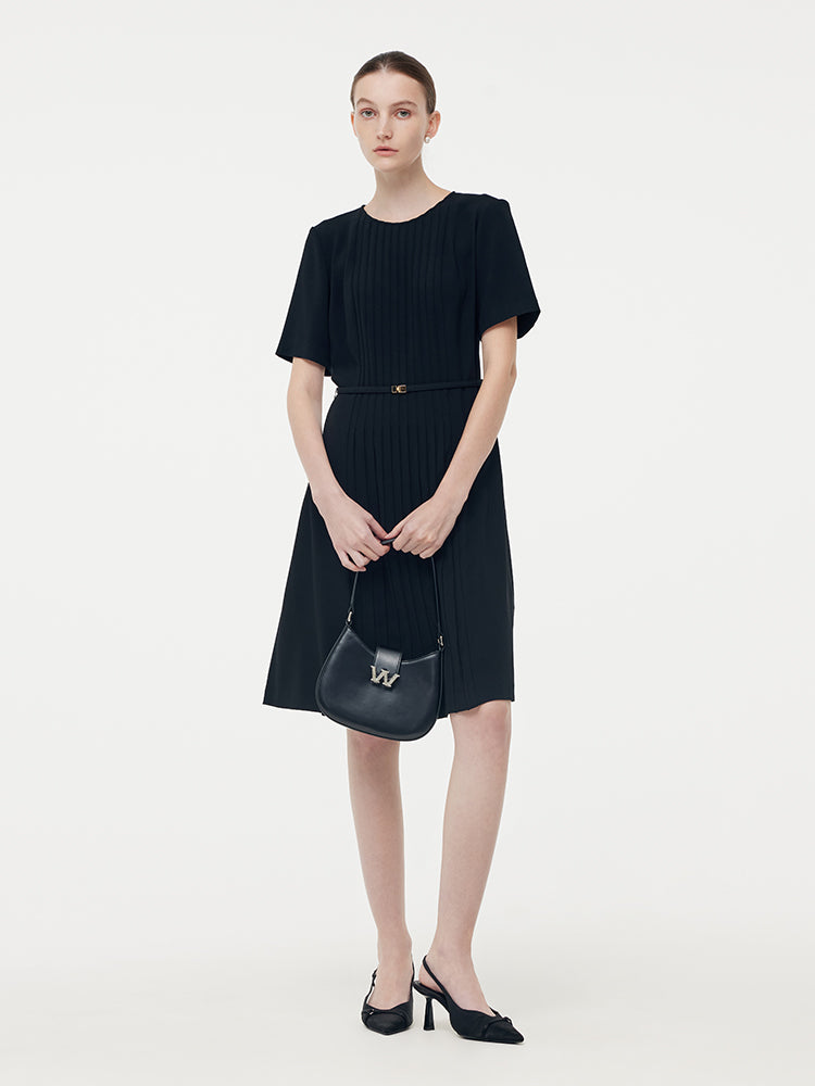 Triacetate Pleat Front Women Midi Dress With Belt And Scrunchie GOELIA