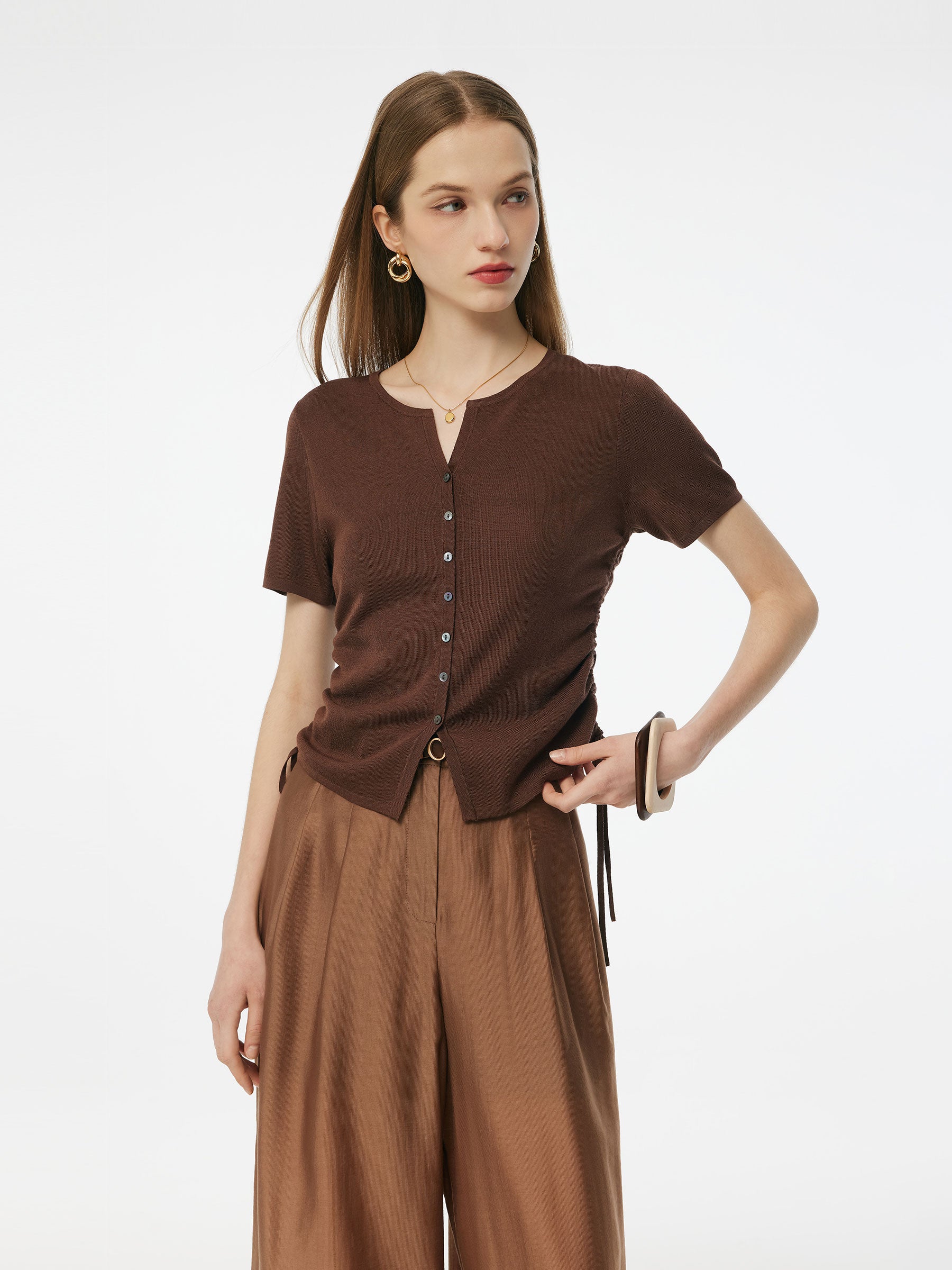 Acetate Tencel Blend Side Drawstring Women Knit Top GOELIA