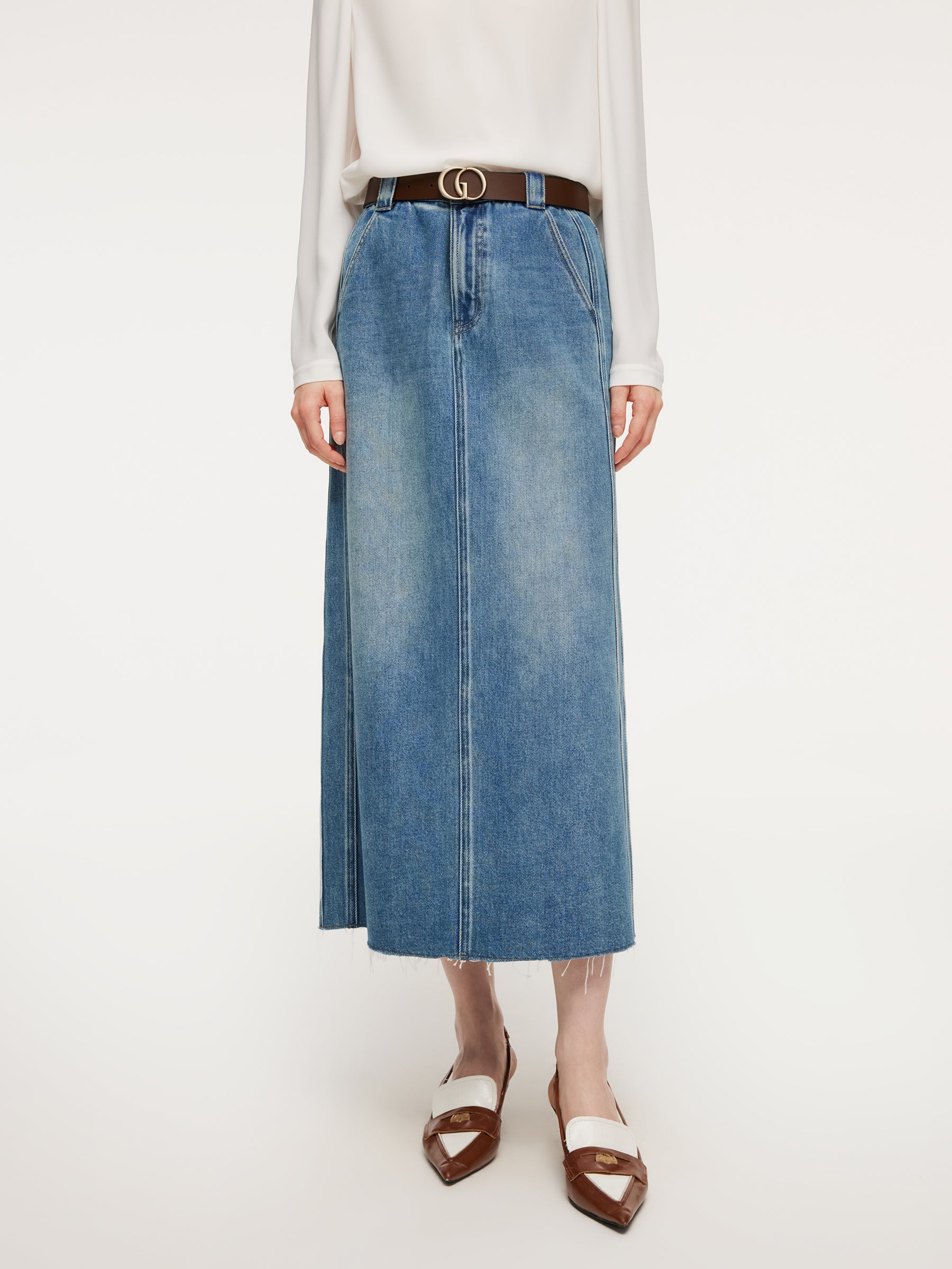 [Preview] Lyocell Cotton Blend Denim Frayed Hem Women Skirt With GO Letter Leather Belt GOELIA
