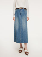 Lyocell Cotton Blend Denim Frayed Hem Women Skirt With Belt GOELIA