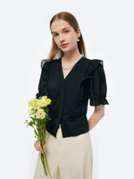 Tencel Blend Puff Sleeve Women Ruffe Patchwork Top GOELIA
