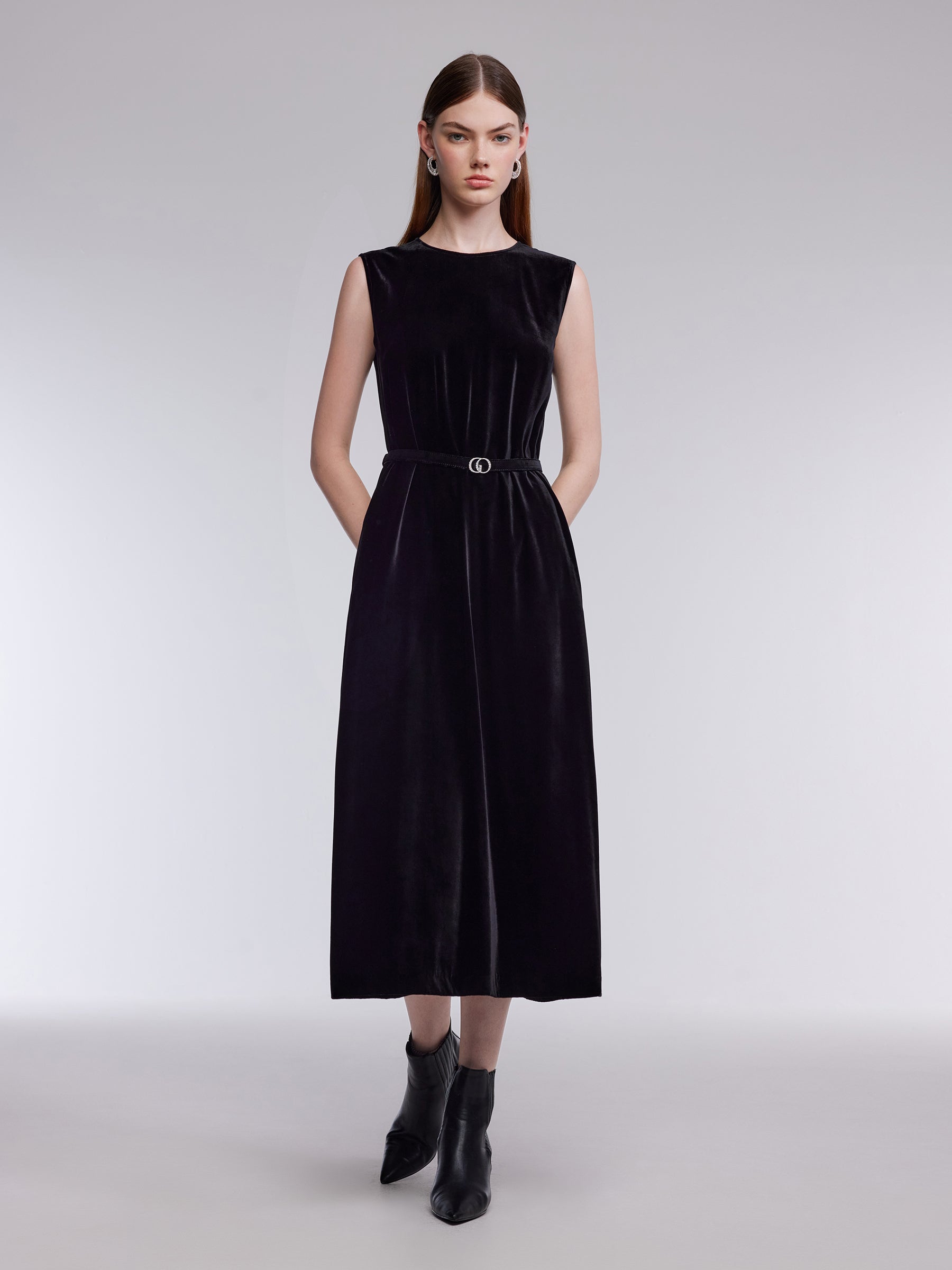 Mulberry Silk Blend Velvet Women Sleeveless Maxi Dress With Belt GOELIA