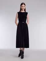 Mulberry Silk Blend Velvet Women Sleeveless Maxi Dress With Belt GOELIA
