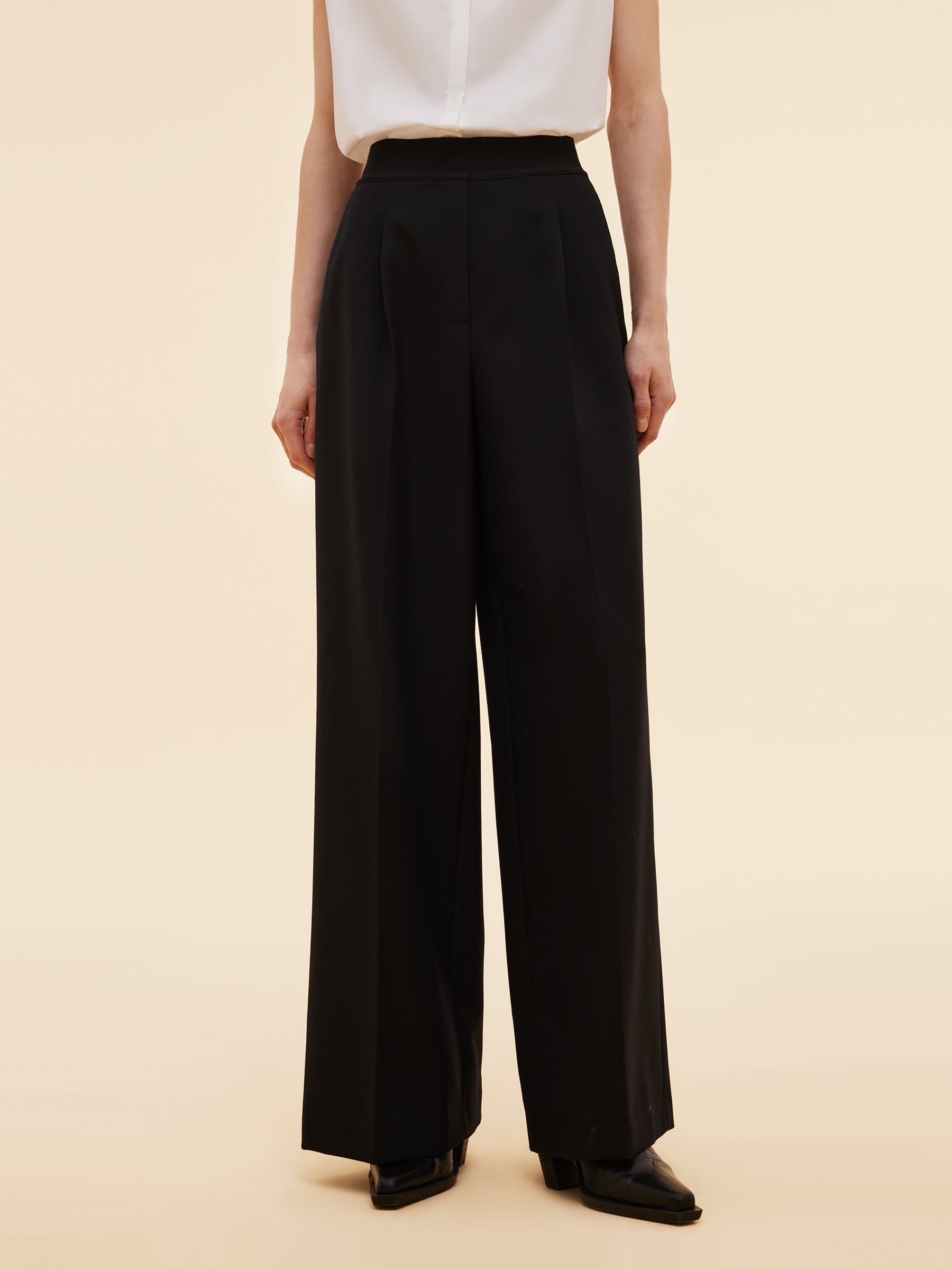 [Preview] Wool Blend Elastic Waist Women Straight Wide Leg Pants GOELIA