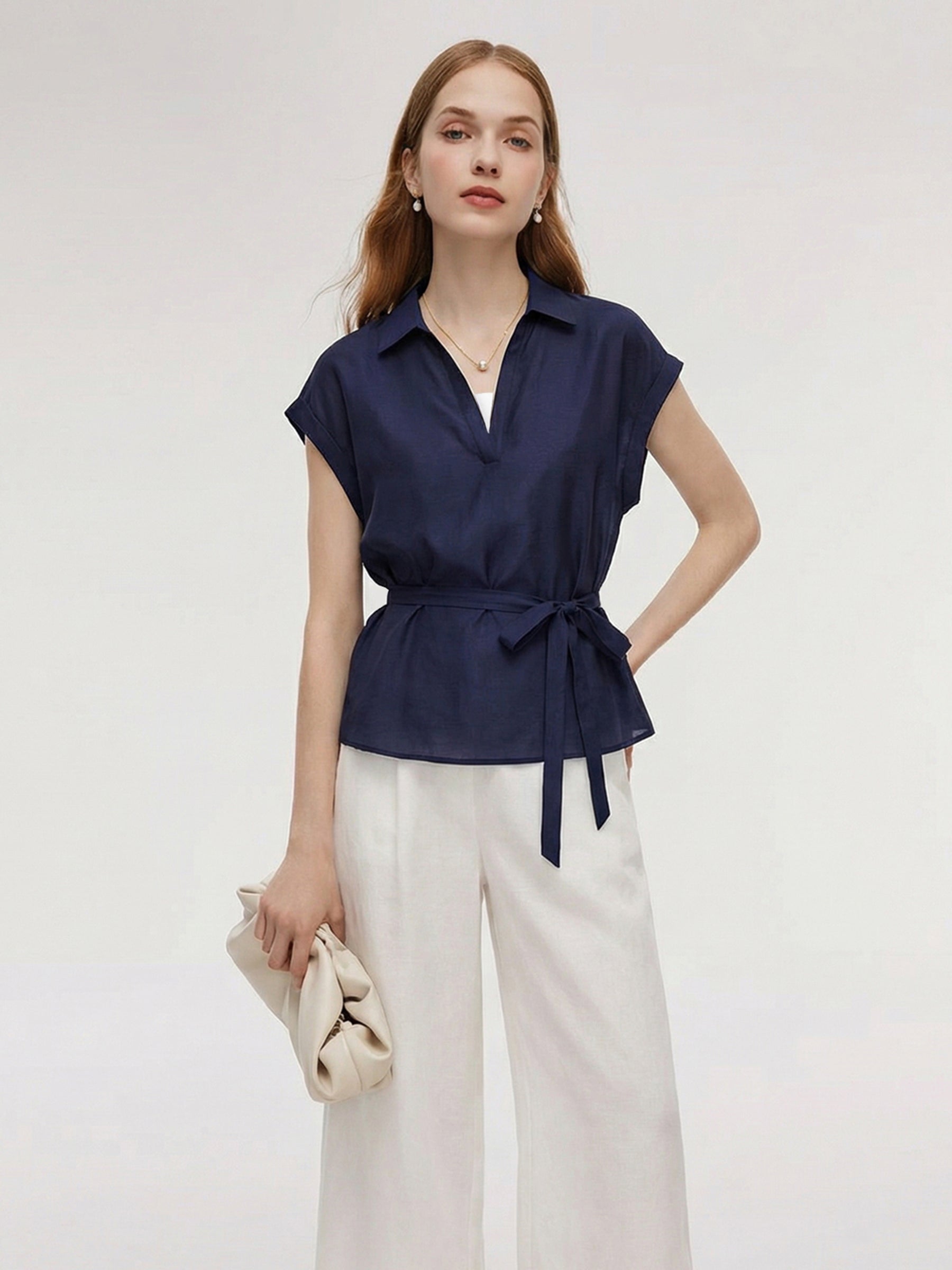 [Preview] Tencel Blend Belted Blouse And Pants Two-Piece Set GOELIA