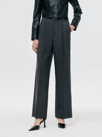 Worsted Wool Women Wide Leg Pants With Leather Belt GOELIA