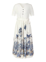 Tencel Linen Floral Print Women V-Neck Midi Dress With Self-Tie Belt GOELIA