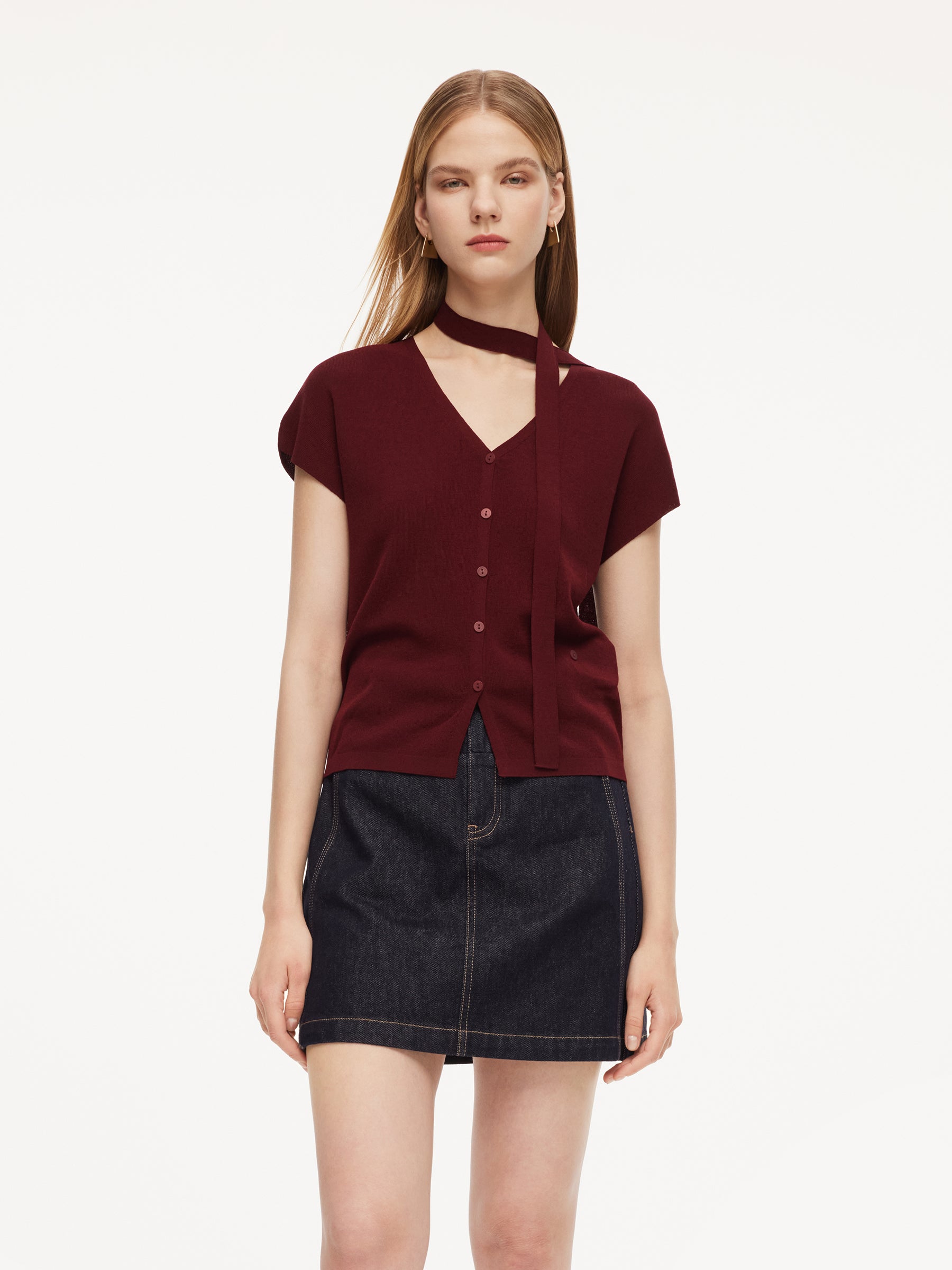 Lyocell Blend V-Neck Women Cardigan With Ribbon GOELIA