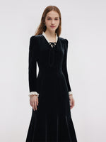 Velvet Tie-Front Ruffle V-Neck Women Midi Dress With Scrunchie GOELIA