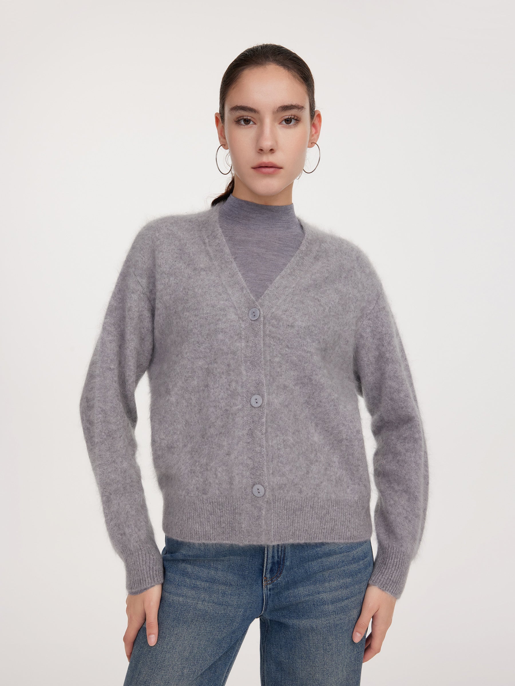 100% Brushed Cashmere V-Neck Women Cardigan GOELIA