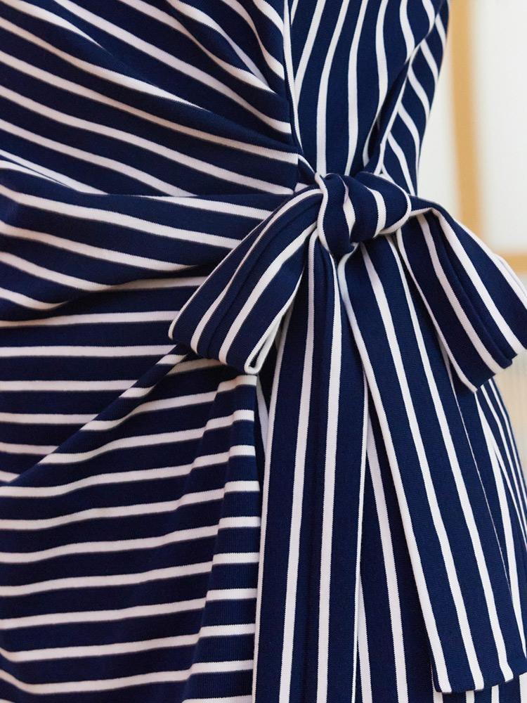 Navy Blue Stripe Wrap Mini Dress GOELIA