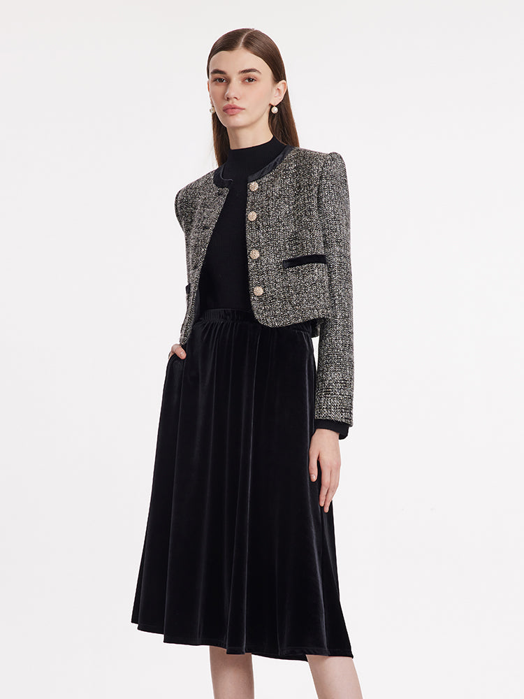 Single-Breasted Tweed Jacket And Velvet Skirt Two-Piece Set GOELIA