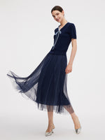 Ruffle V-Neck Knit Top And Pleated Mesh Skirt Two-Piece Set GOELIA