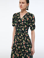16MM Mulberry Silk Floral Print Women Puff Sleeve Maxi Dress GOELIA