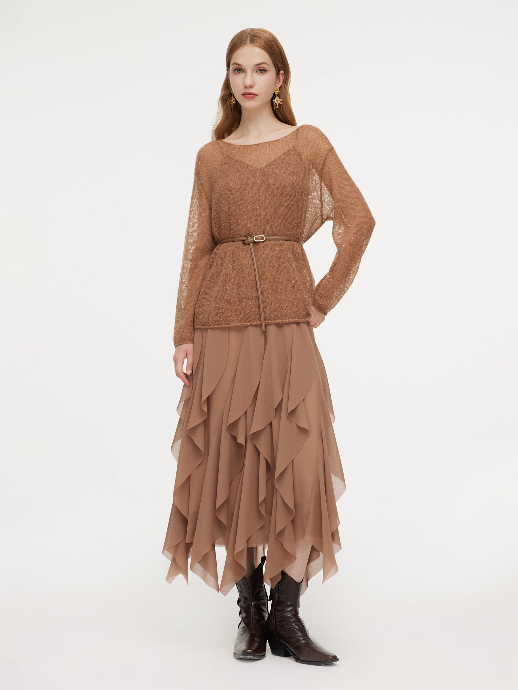 Sequins Knit Top And Strap Cascading Ruffle Dress Belted Two-Piece Set GOELIA