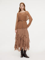 Sequins Knit Top And Strap Cascading Ruffle Dress Belted Two-Piece Set GOELIA