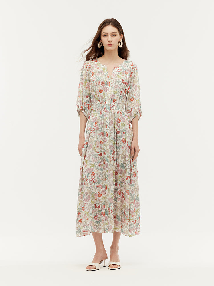 19 Momme Mulberry Silk Floral Print Ruched Waist Women Maxi Dress GOELIA