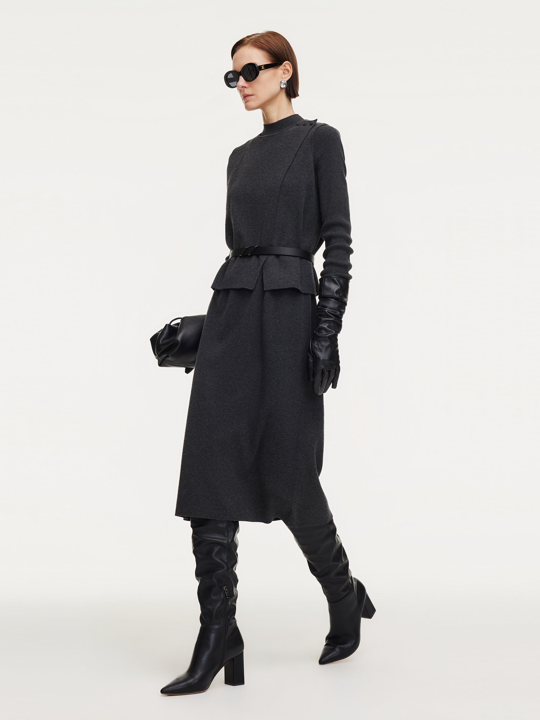 [Preview] Asymmetrical Knit Top And Dress Two-Piece Set With Belt GOELIA