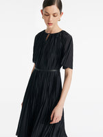 Pleated Round Neck Women Midi Dress With Leather Belt GOELIA