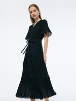 Pleated V-Neck Women A-Line Tie Belt Maxi Dress GOELIA