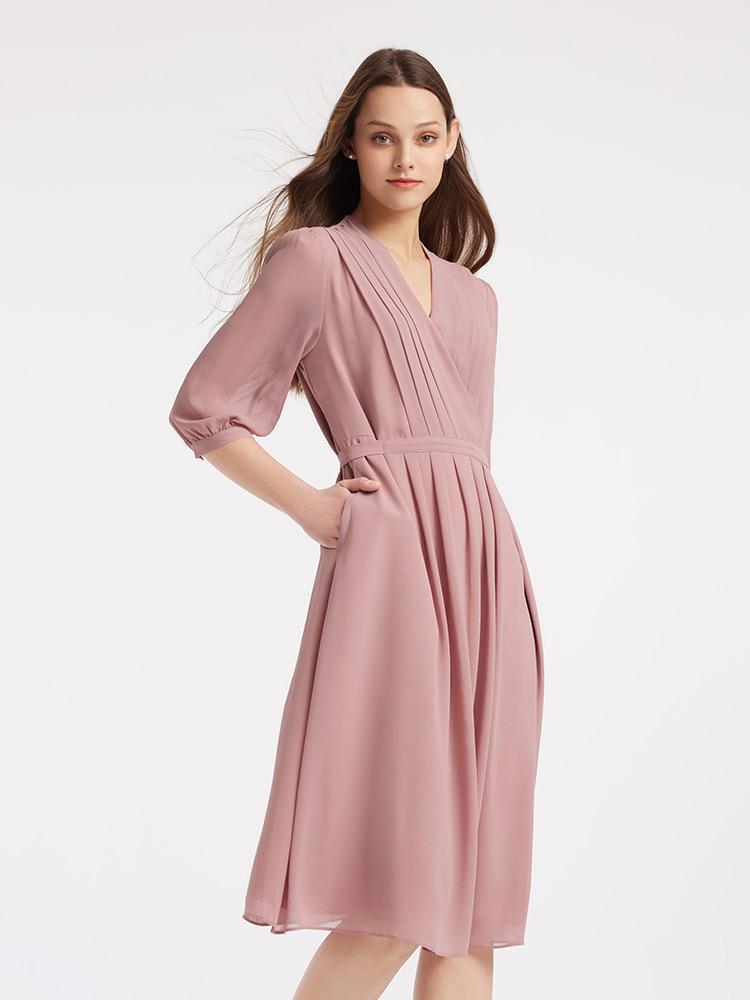 V-Neck Pleated Lace Up Wrap Midi Dress GOELIA