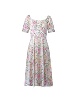 19MM Mulberry Silk Floral Print Women Square Neck Midi Dress GOELIA