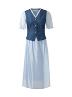 Denim Lyocell Patchwork Crop Jacket And Skirt Two-Piece Set GOELIA