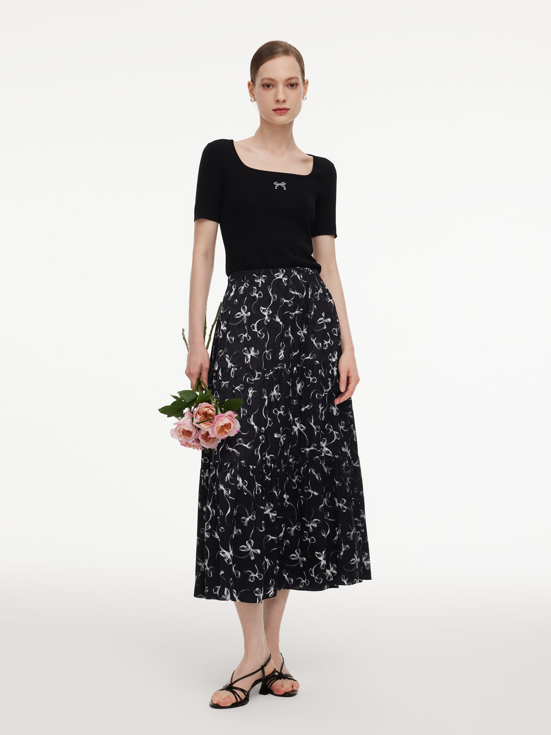 Ribbon Print A-Line Women Skirt GOELIA