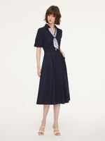 Linen Blend V-Neck Women Midi Dress With Silk Scarf And Belt GOELIA