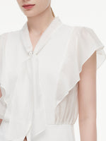 100% Cotton Ruffle Sleeve Women Blouse With Detachable Scarf Buckle GOELIA