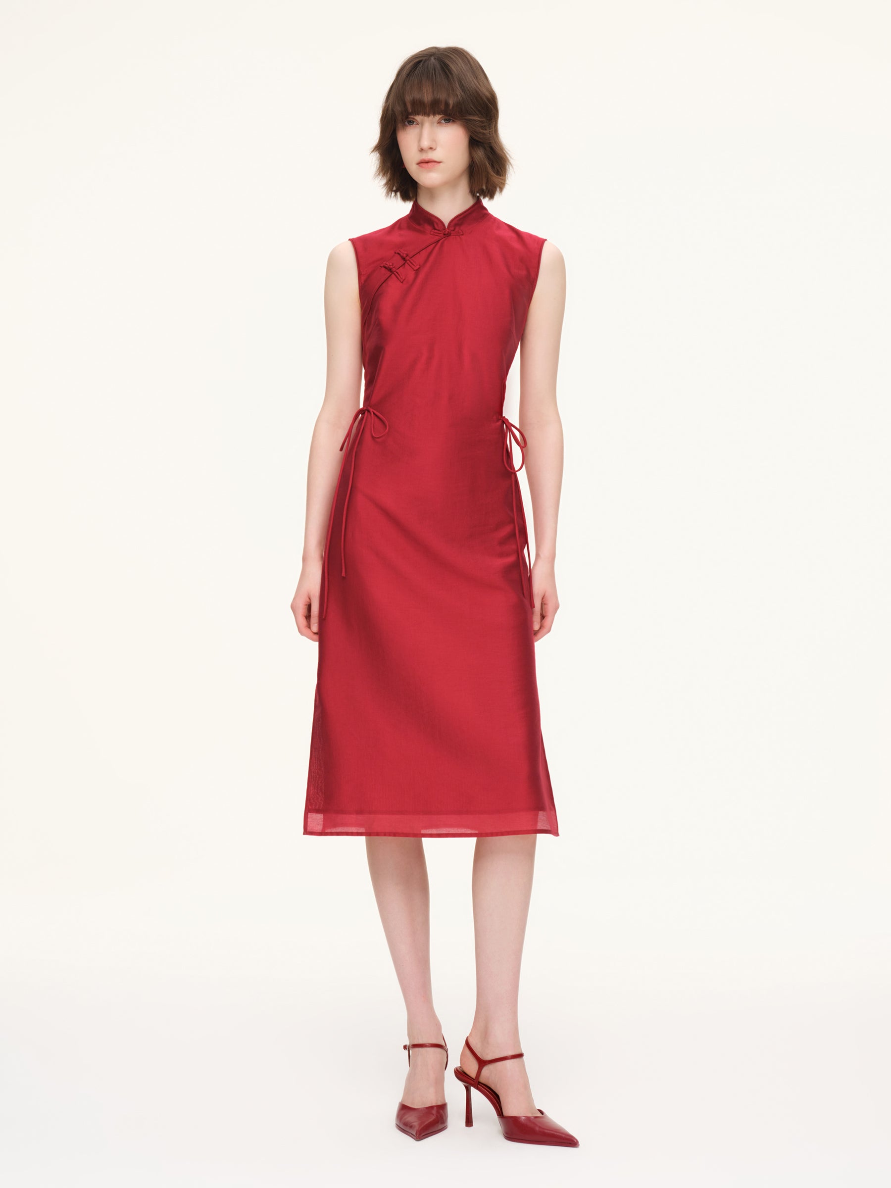 Tencel Blend Sleeveless Women Qipao Midi Dress GOELIA