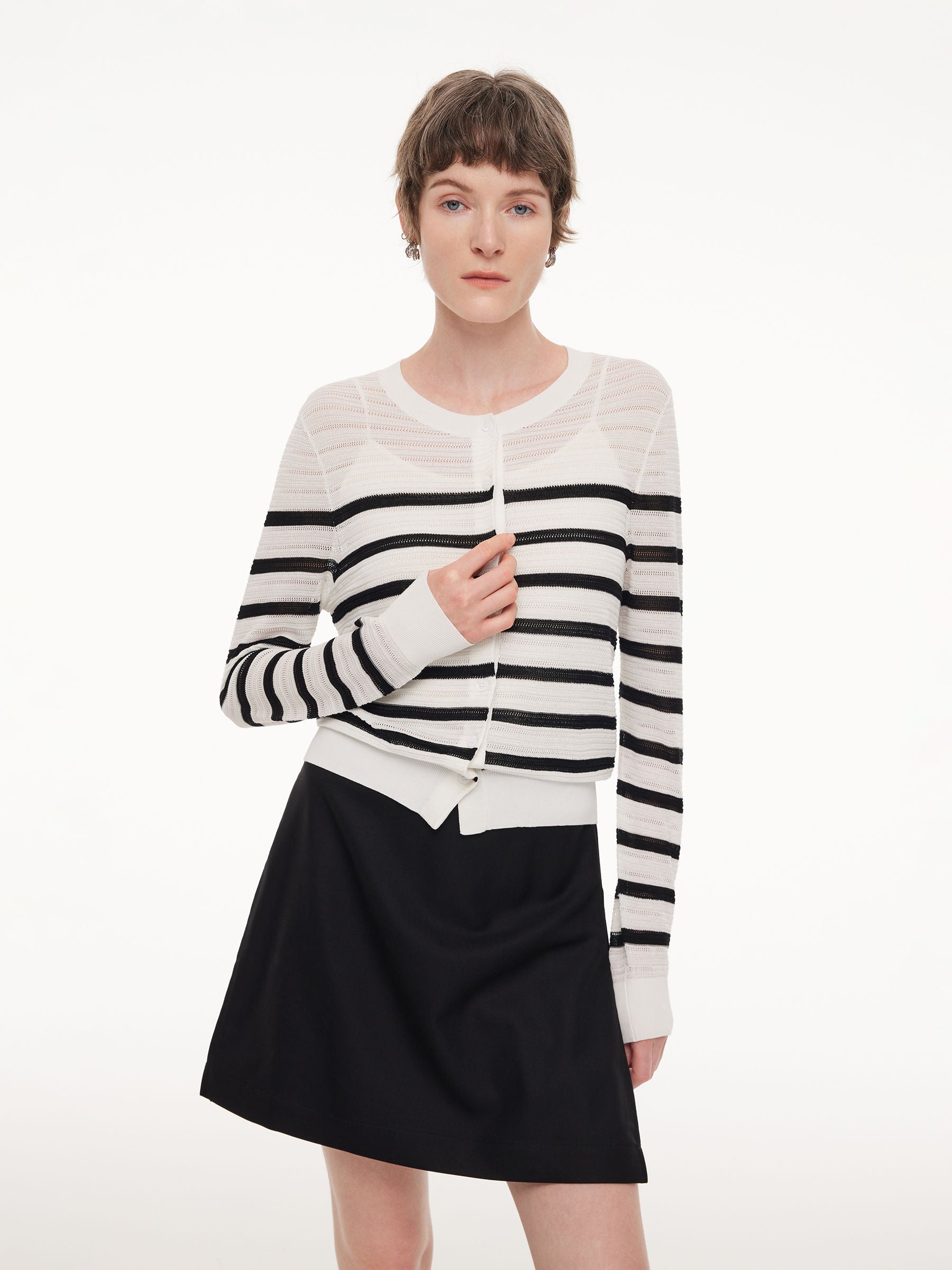 Acetate Cotton Blend Stripe Women Cardigan GOELIA