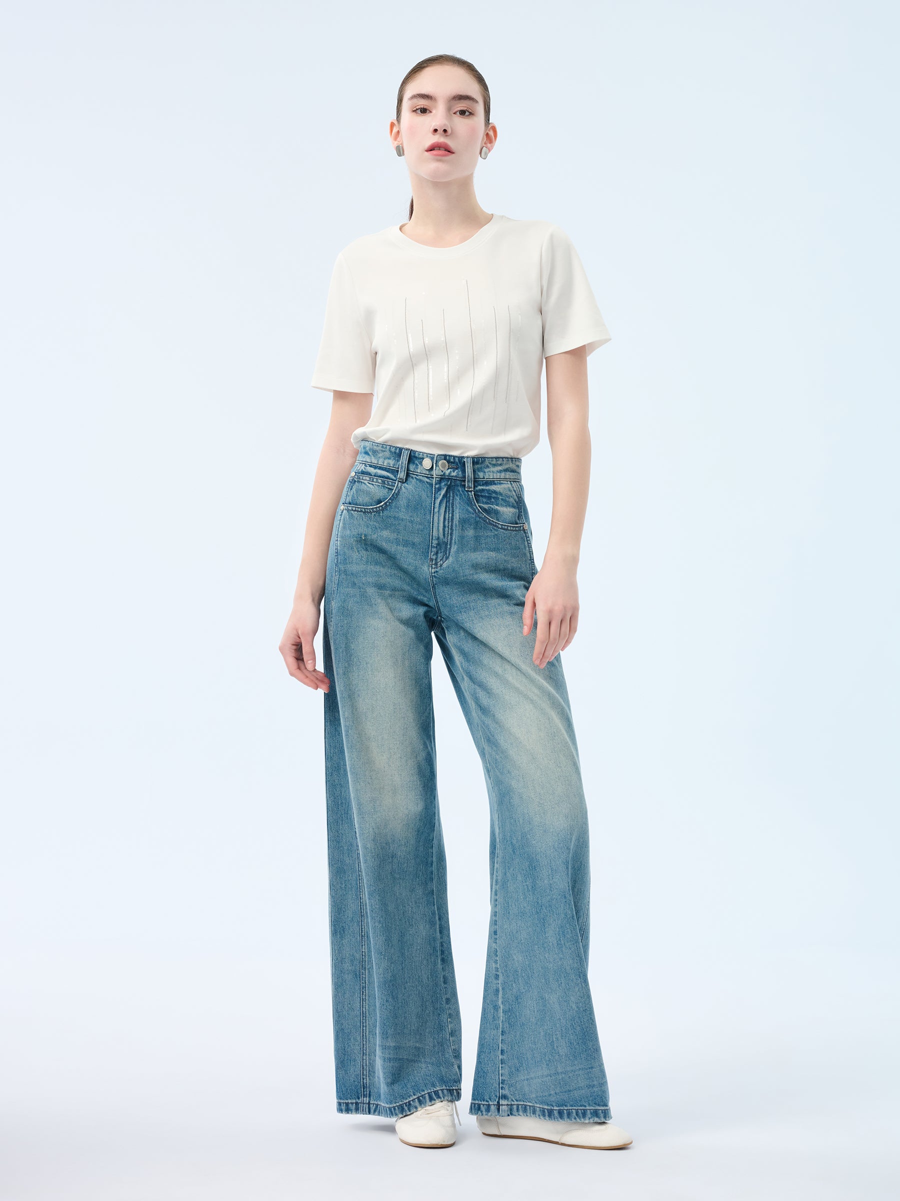 100% Cotton Denim Women Curved Leg Jeans GOELIA