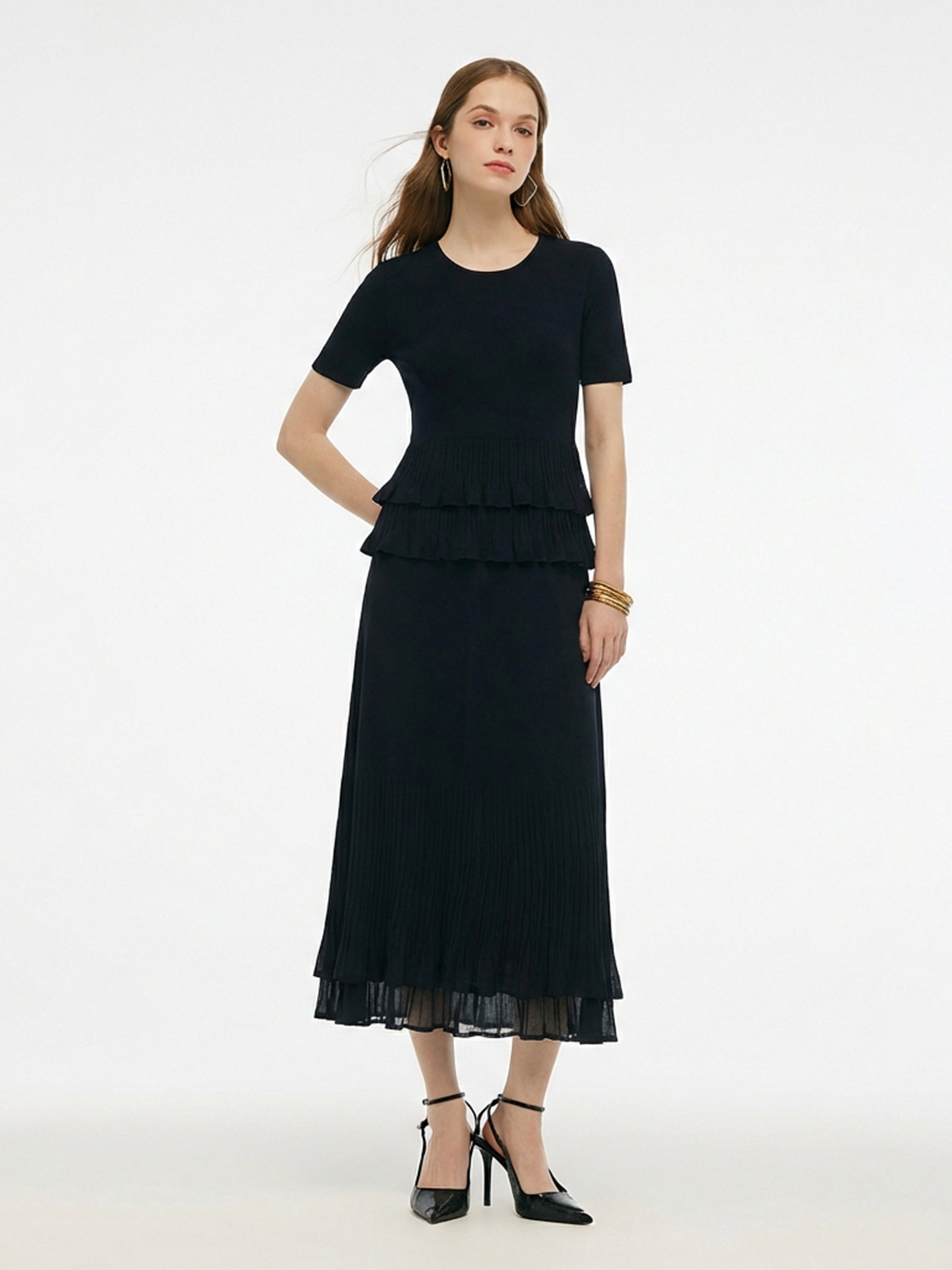 Ruffle Hem Knit Top And A-Line Skirt Two-Piece Set GOELIA