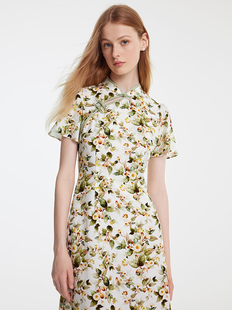 Tencel Linen Floral Cheongsam Dress GOELIA