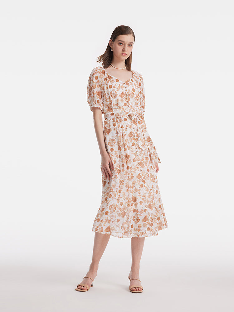 Rose Printed Puff Sleeves Women Midi Dress With Belt GOELIA