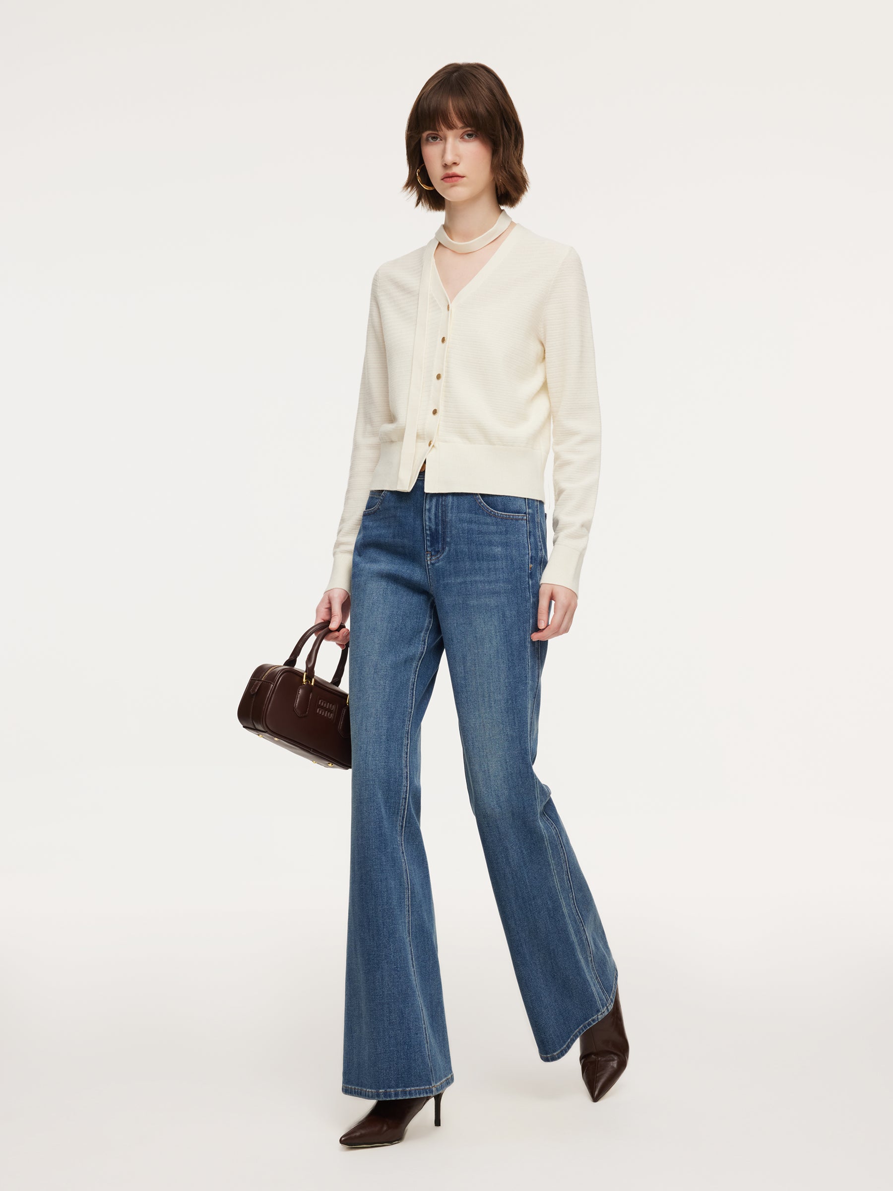 [Preview] Tencel Wool Blend V-Neck Women Cardigan With Detachable Ribbon GOELIA