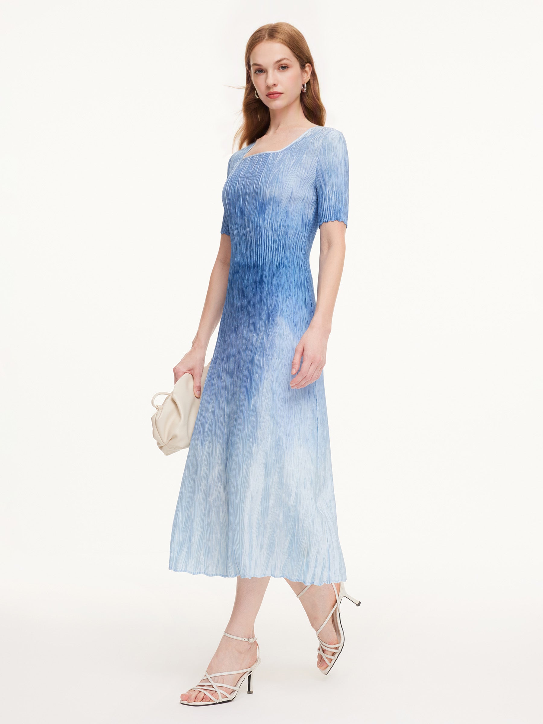 Blue And White Gradient Women Pleated Maxi Dress GOELIA