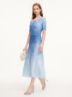 Blue And White Gradient Women Pleated Maxi Dress GOELIA