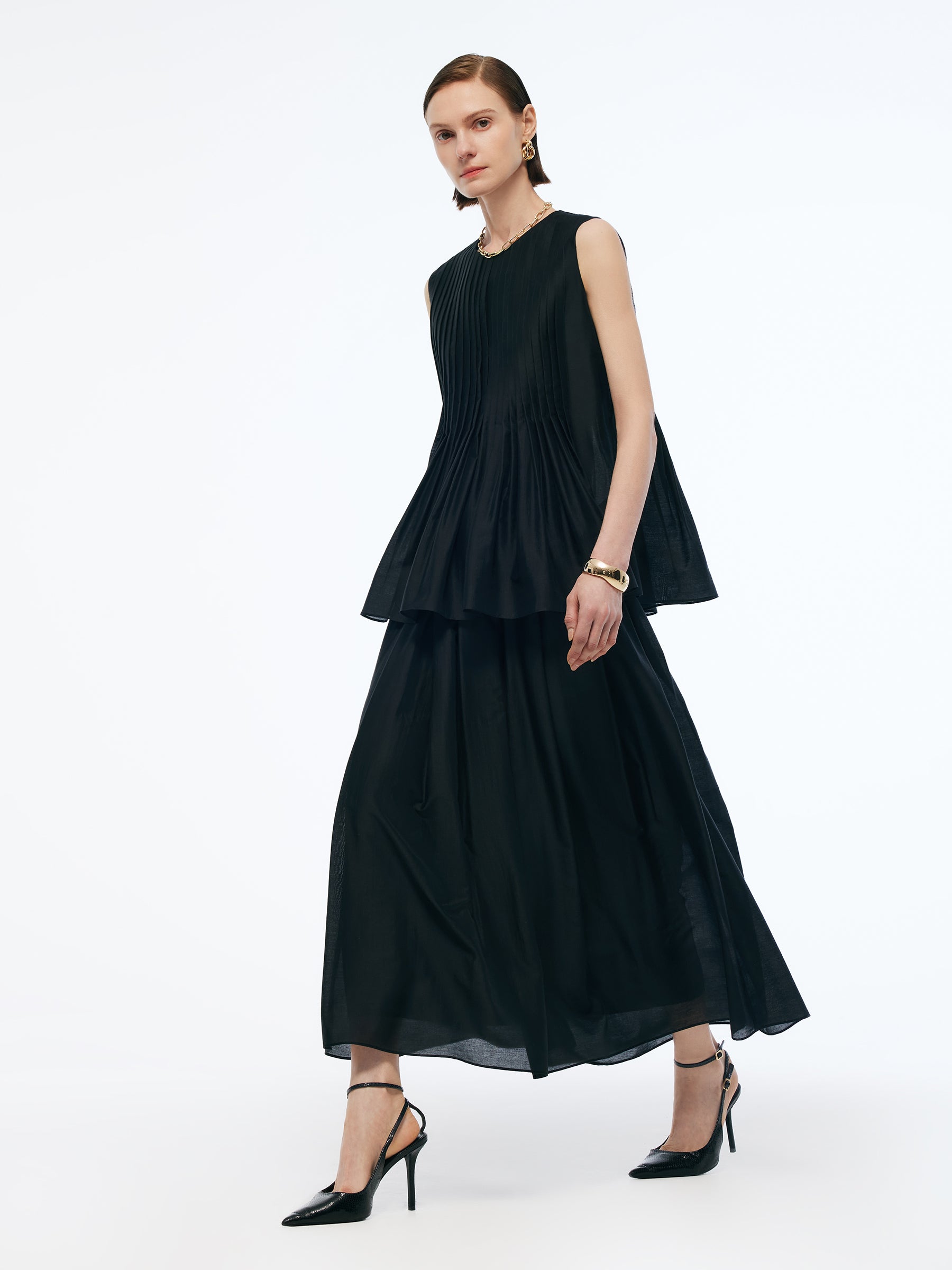 Tencel Blend Ruffle Hem Pleated Tank Top And A-Line Skirt Two-Piece Set GOELIA