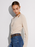 Tencel Wool Blend Beaded Neck Women Cut-Out Wrap Knit Top GOELIA