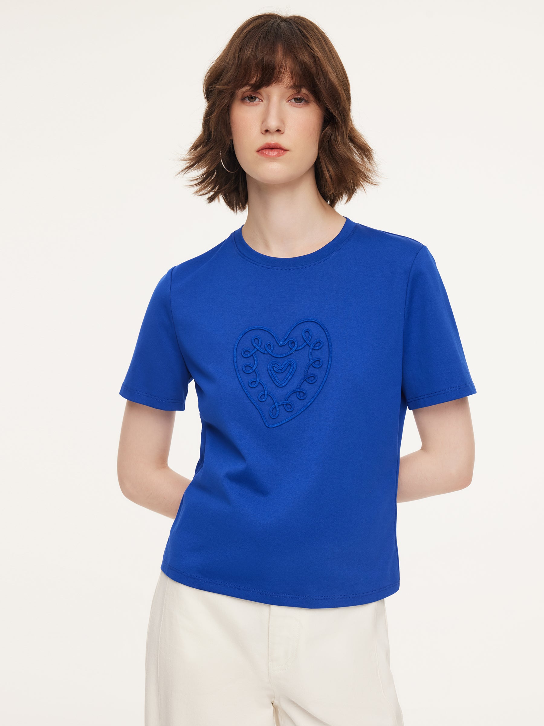 Cotton Blend Round Neck Tape Embroidered Women T-Shirt GOELIA