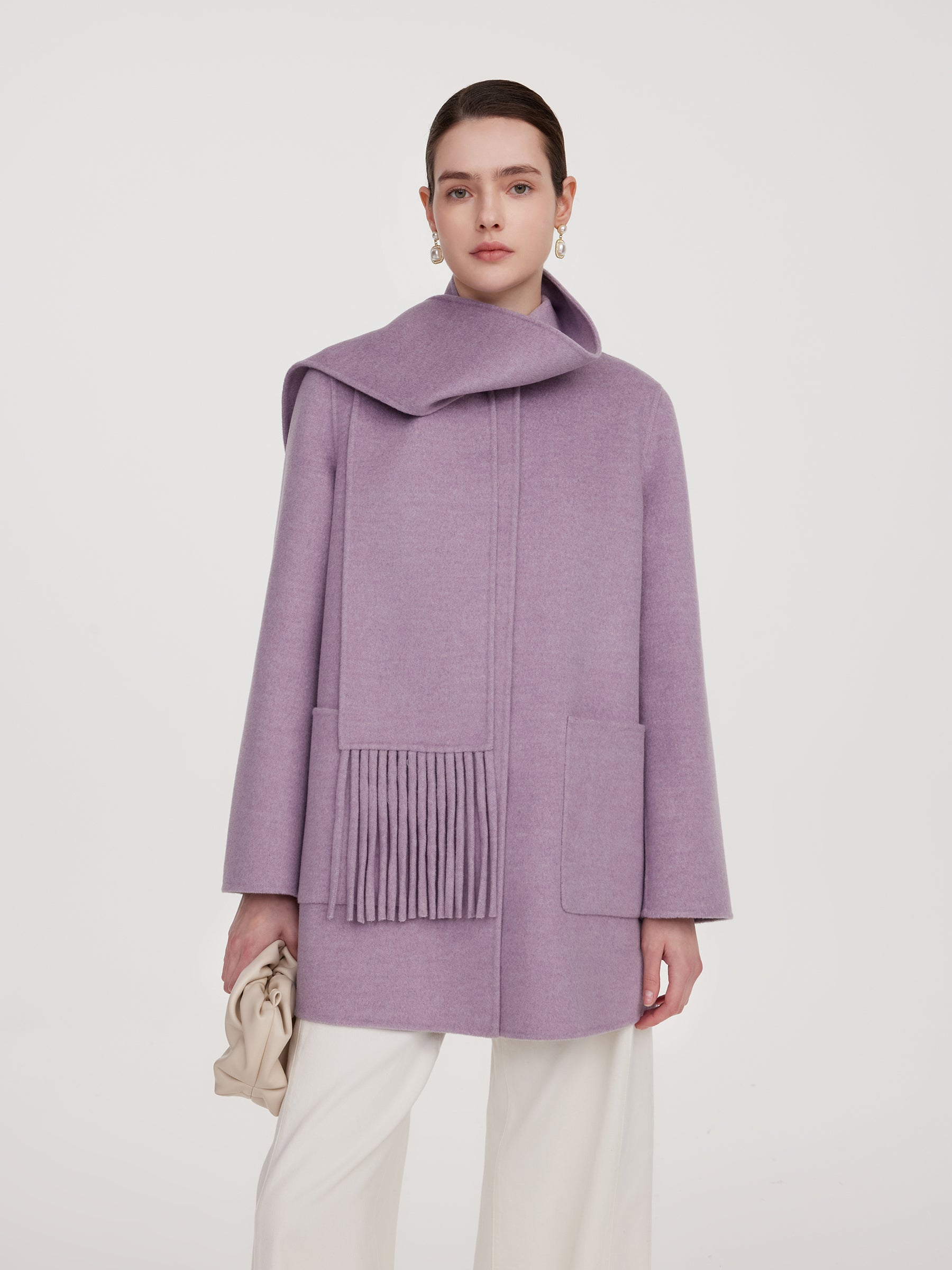 100% Wool Double-Faced Women Coat With Fringe Scarf GOELIA