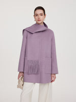 100% Wool Double-Faced Women Coat With Fringe Scarf GOELIA
