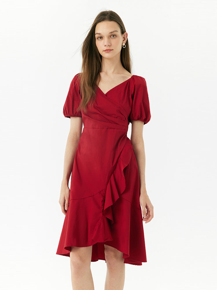 V Neck Ruffle Cotton Midi Dress