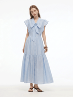 Tencel Acetate Blend Ruffle Cap Sleeve Women Maxi Dress With Ribbon GOELIA