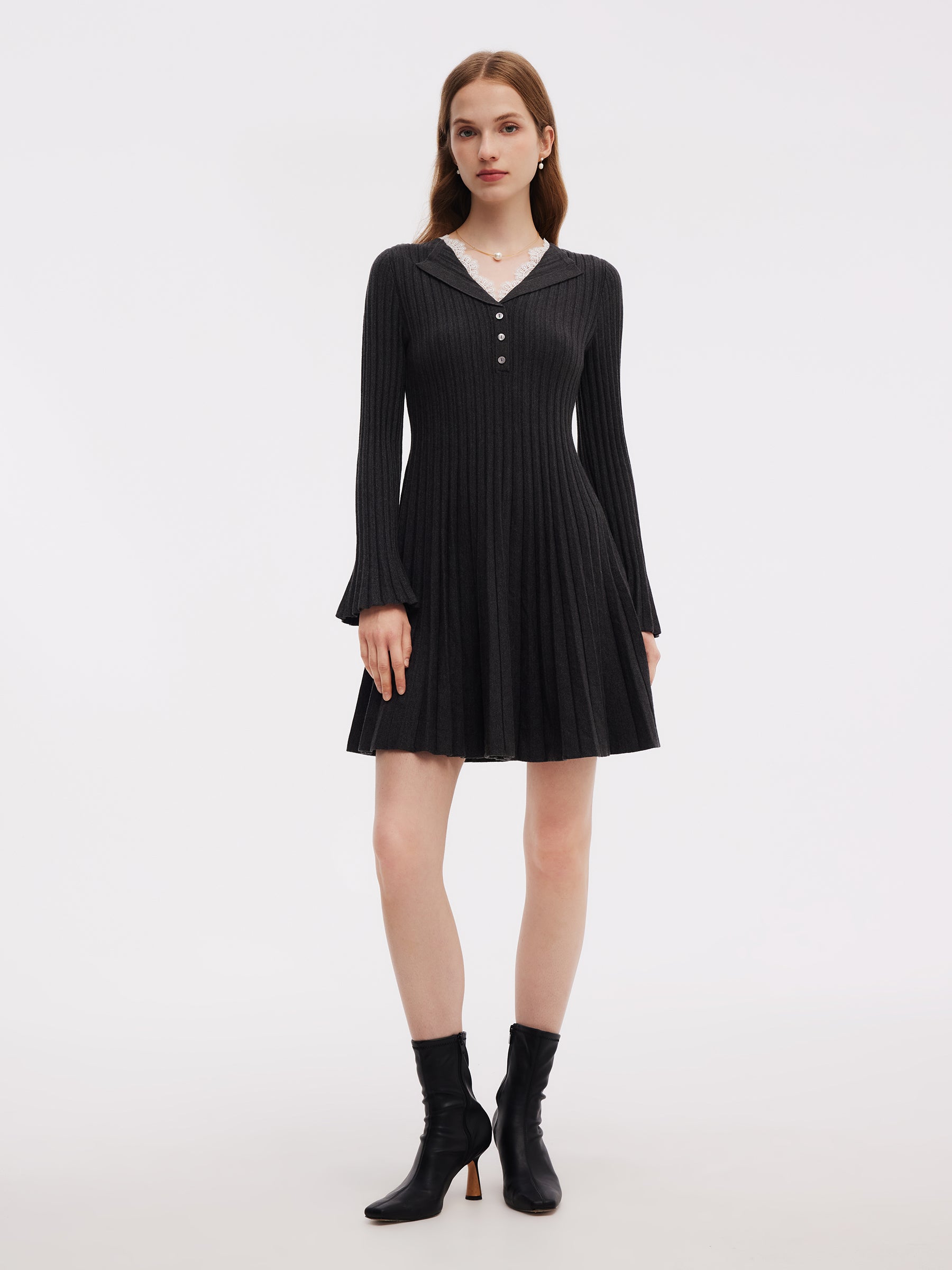 Lyocell Blend Faux Two-Piece Women Pleated Knit Mini Dress GOELIA